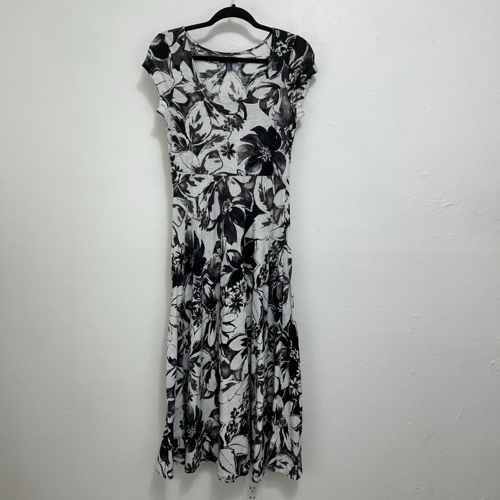 Talbots Black White Floral Maxi Dress Empire Waist Cap Sleeve Jersey Knit Size S - Picture 6 of 10
